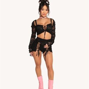 iHeartRaves Black Lace-Up Two-Piece Set
